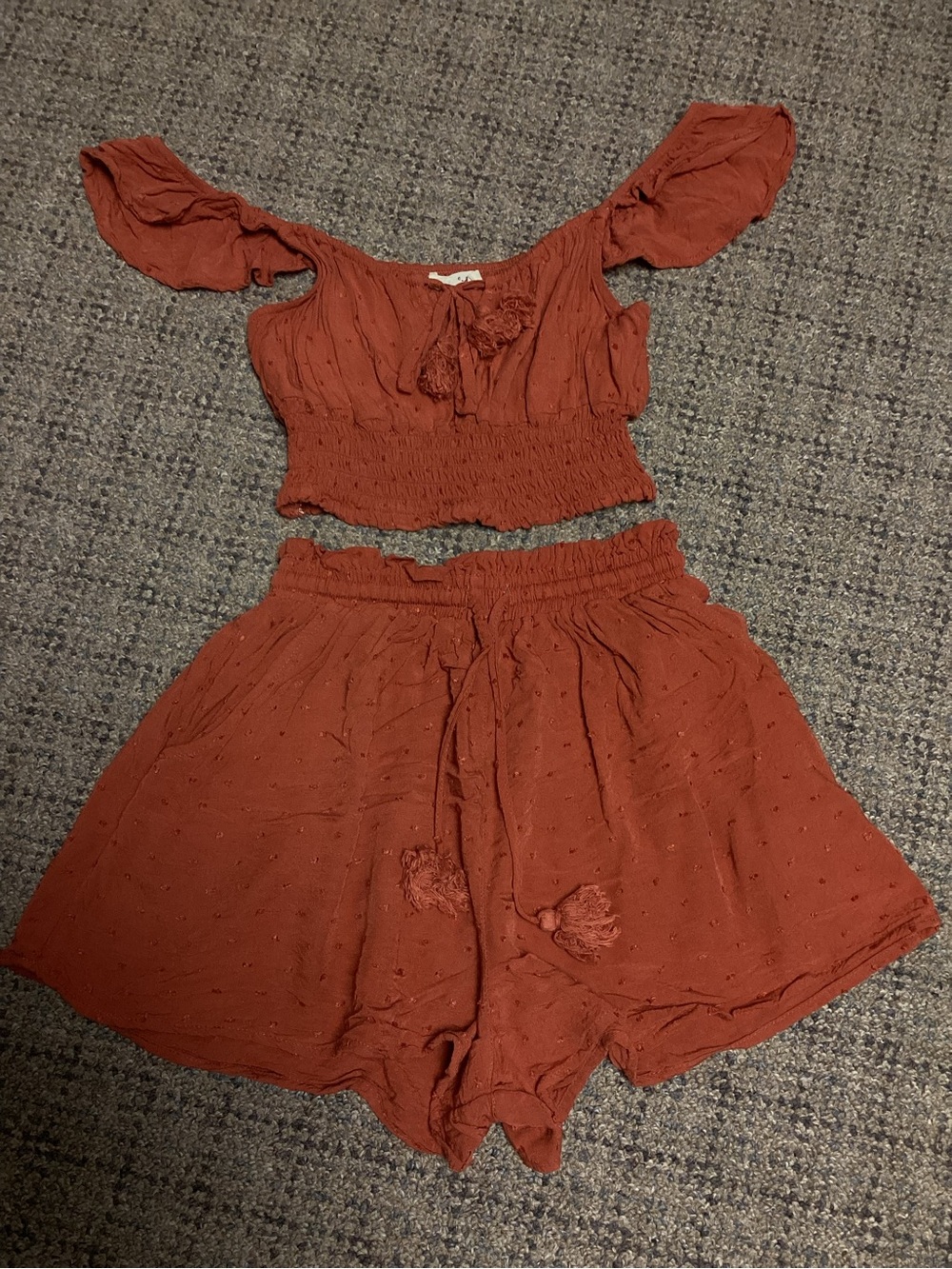 Live To Be Spoiled Rust Orange Smocked Off-Shoulder Top & Shorts Set * Size XS